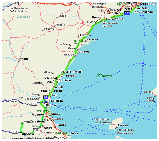 View the map to get from Barcelona to Ayora